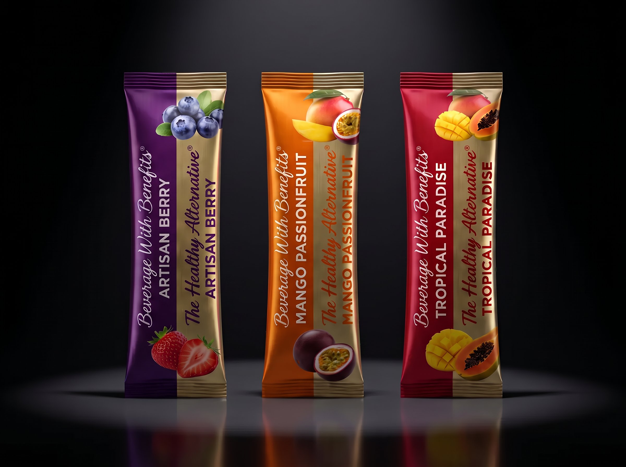 Artisan Berry, Mango Passionfruit and Tropical Paradise stick packs