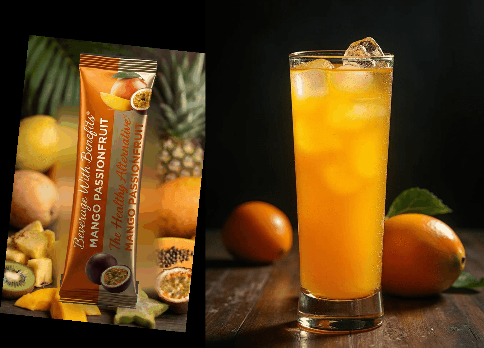 Mango Passionfruit Hydrate Heroes stick beside a chilled hydration drink