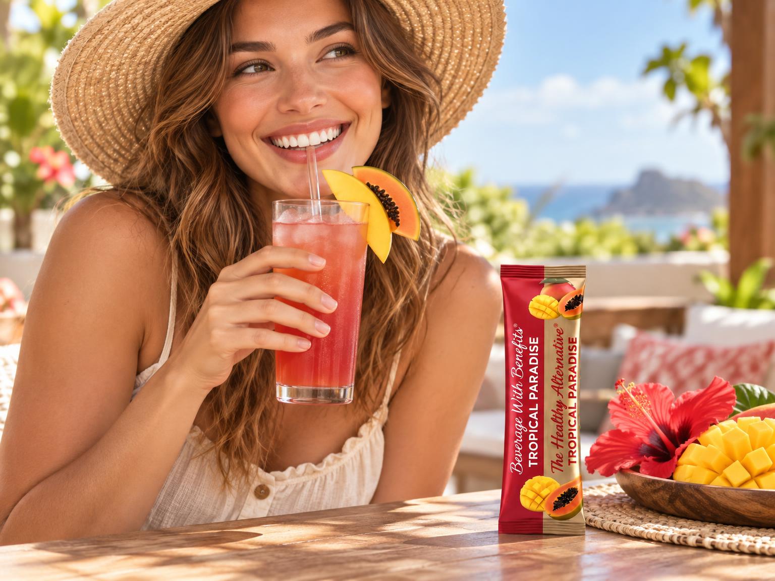 Woman enjoying an iced glass of Tropical Paradise with the stick pack on the table